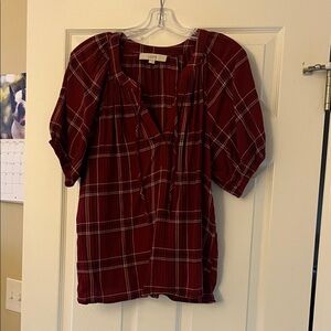 LOFT Burgundy Plaid Short-Sleeve Peasant Blouse